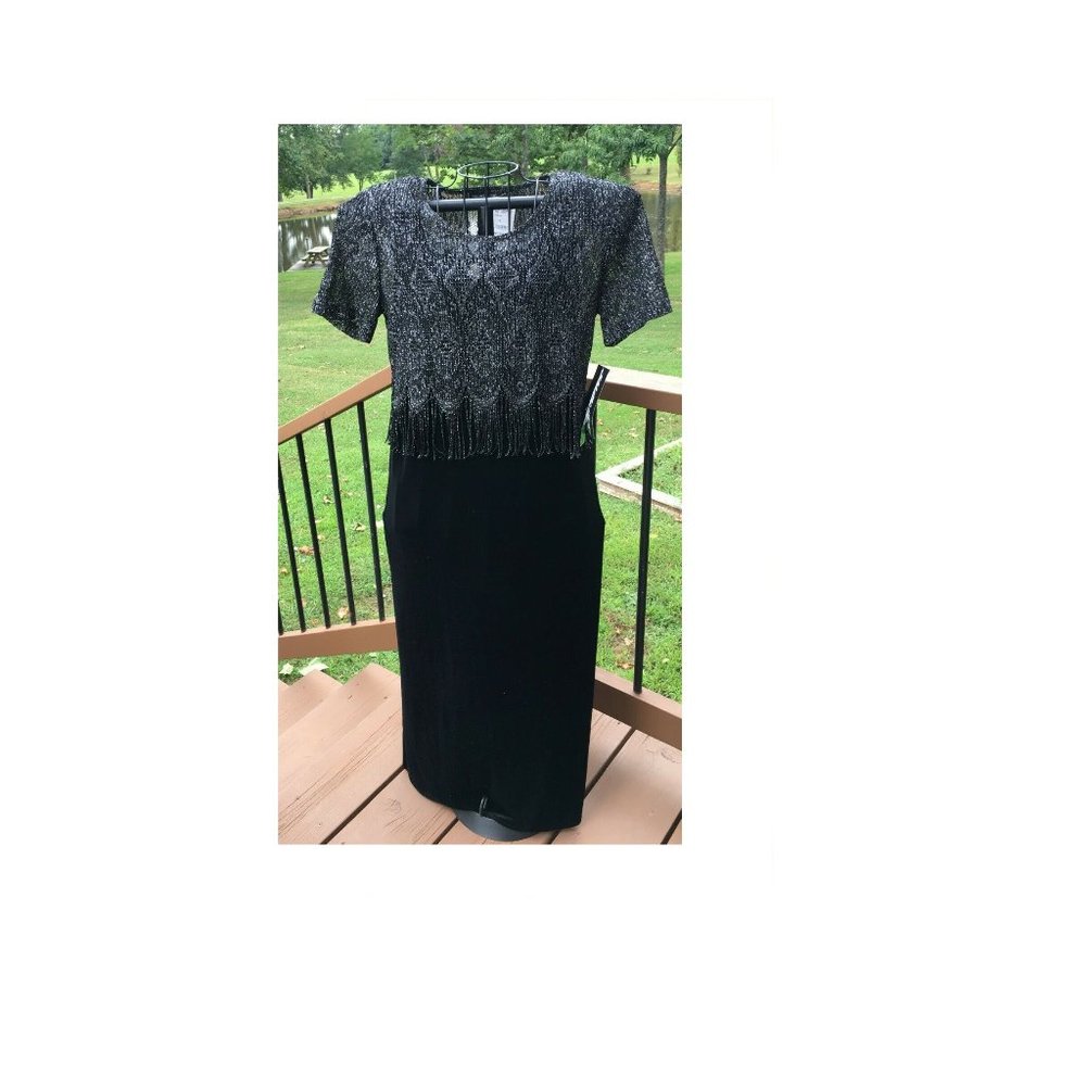 VINTAGE Women's 80's Sharade Nites Long Cocktail Dress Black Velvet Fringe